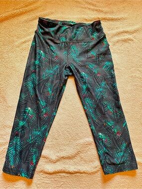 Athletic Works Black Capri Leggings with Teal, Green and Red Tropical Leaf Print